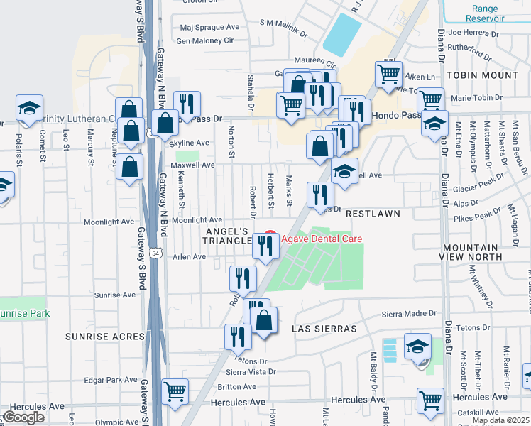 map of restaurants, bars, coffee shops, grocery stores, and more near 4689 Moonlight Avenue in El Paso