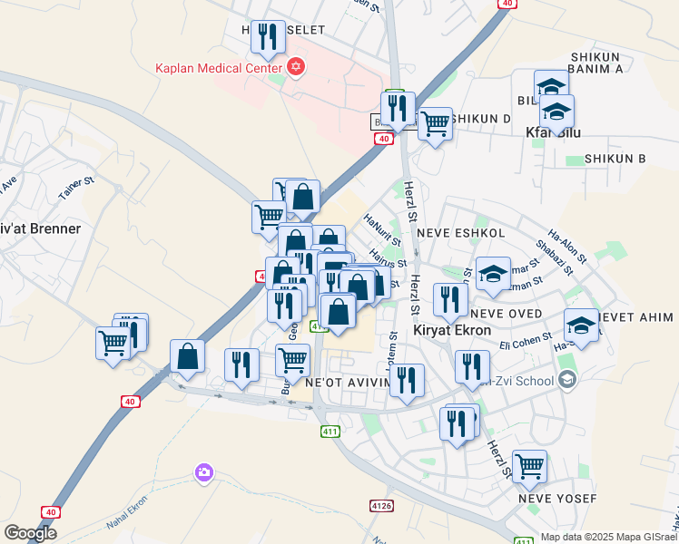 map of restaurants, bars, coffee shops, grocery stores, and more near 5-11 Tsadok HaLevi Street in Kiryat Ekron