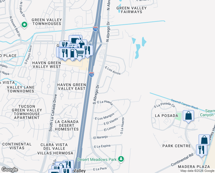 map of restaurants, bars, coffee shops, grocery stores, and more near 403 South Vista Del Rio in Green Valley