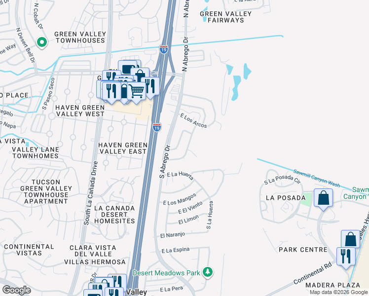 map of restaurants, bars, coffee shops, grocery stores, and more near 403 South Vista Del Rio in Green Valley