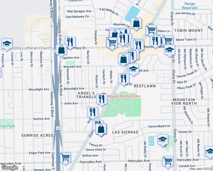map of restaurants, bars, coffee shops, grocery stores, and more near 4717 Moonlight Avenue in El Paso