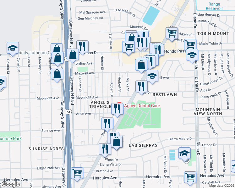 map of restaurants, bars, coffee shops, grocery stores, and more near 4689 Moonlight Avenue in El Paso