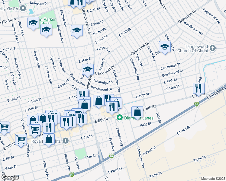 map of restaurants, bars, coffee shops, grocery stores, and more near 2469 East 11th Street in Odessa