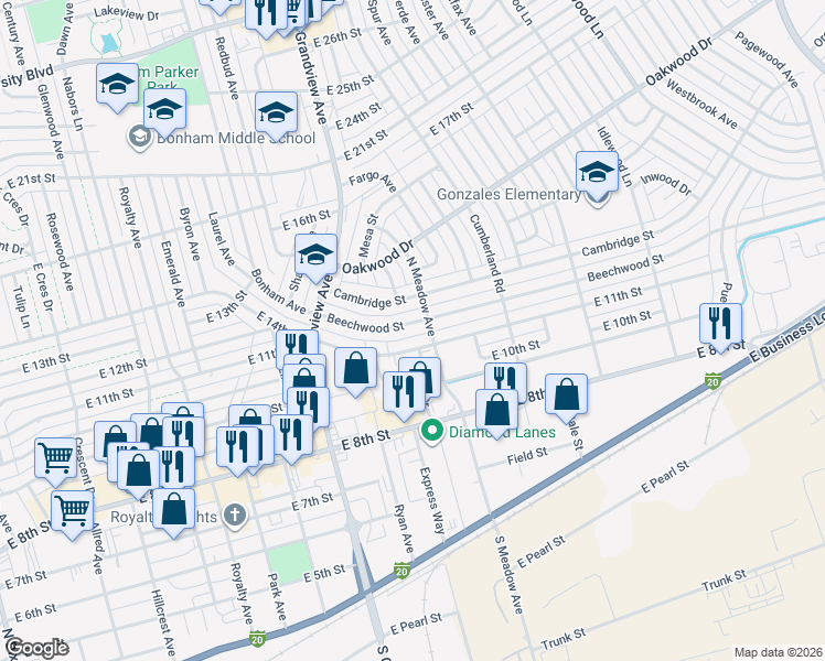 map of restaurants, bars, coffee shops, grocery stores, and more near in Odessa