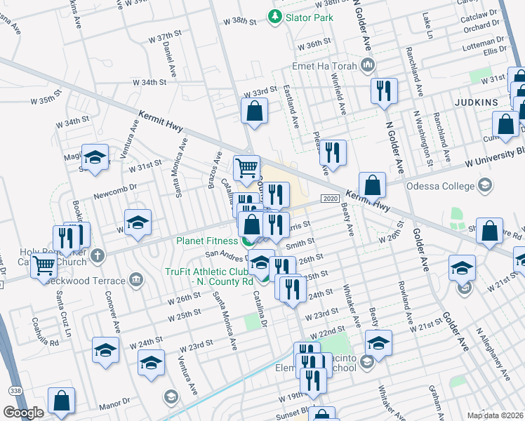 map of restaurants, bars, coffee shops, grocery stores, and more near 2701 North County Road West in Odessa