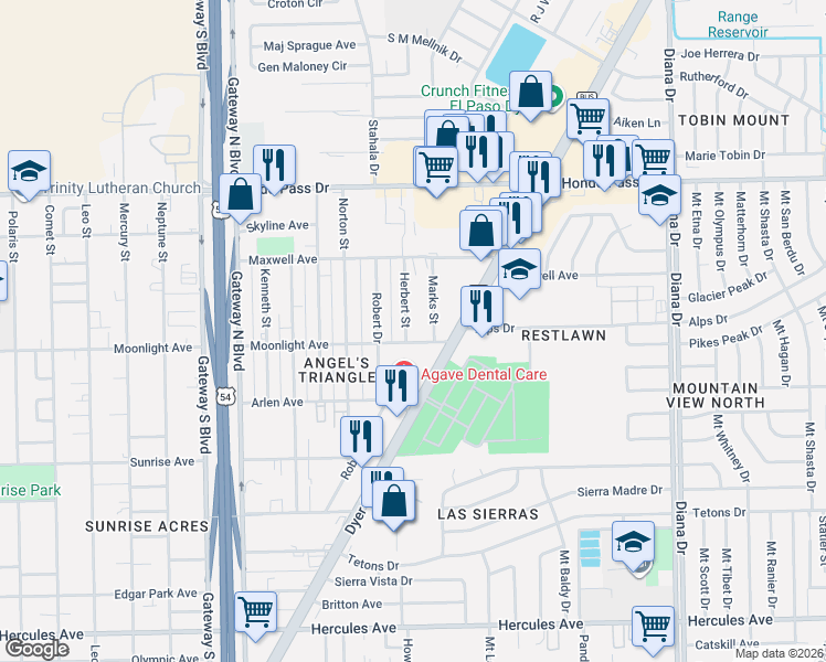 map of restaurants, bars, coffee shops, grocery stores, and more near 4717 Moonlight Avenue in El Paso