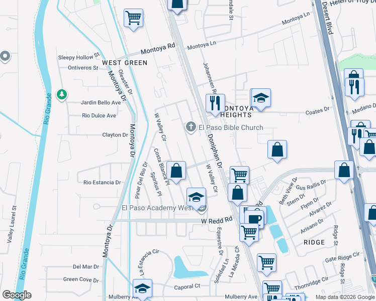 map of restaurants, bars, coffee shops, grocery stores, and more near 5708 Green Castle Road in El Paso
