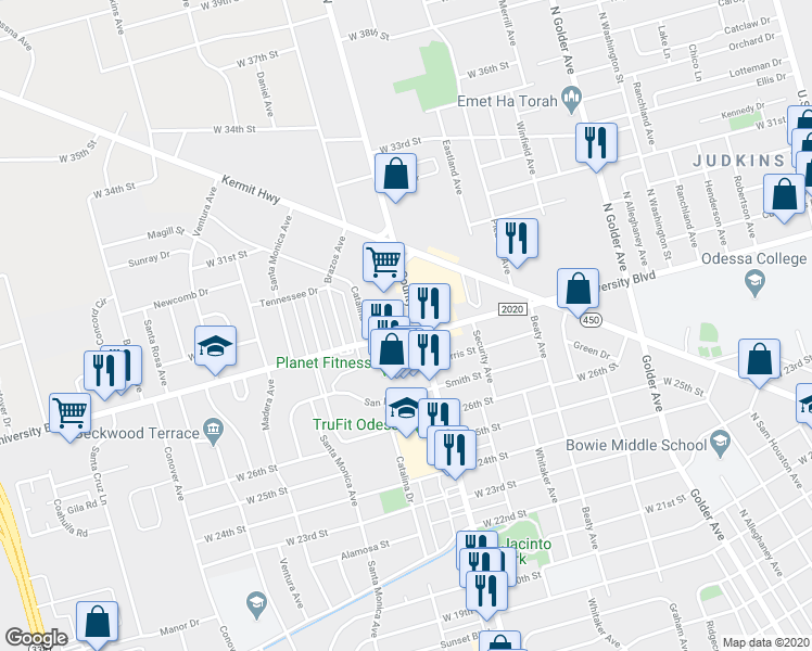 map of restaurants, bars, coffee shops, grocery stores, and more near 2701 North County Road West in Odessa