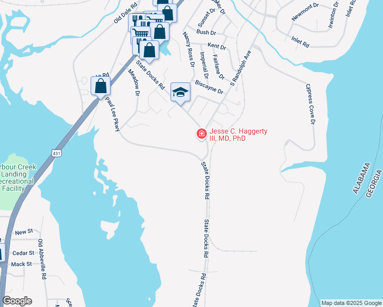 map of restaurants, bars, coffee shops, grocery stores, and more near 16 Paul Lee Parkway in Eufaula