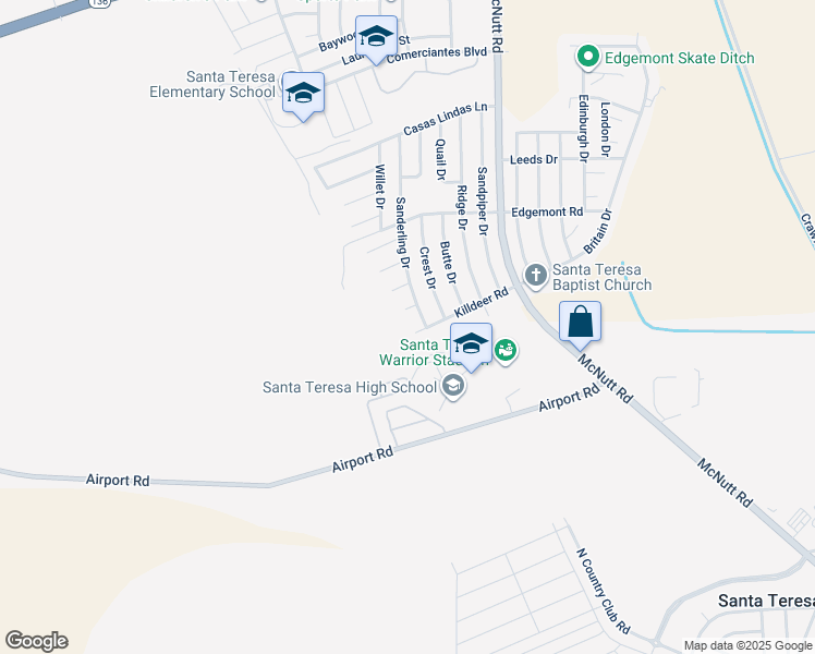 map of restaurants, bars, coffee shops, grocery stores, and more near 172 Killdeer Road in Santa Teresa