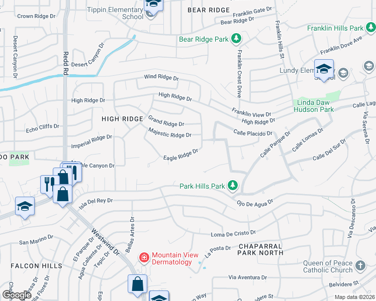 map of restaurants, bars, coffee shops, grocery stores, and more near 6517 Eagle Ridge Drive in El Paso