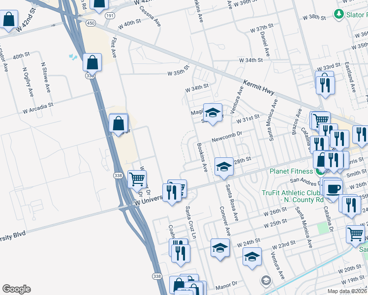 map of restaurants, bars, coffee shops, grocery stores, and more near 2904 Concord Circle in Odessa