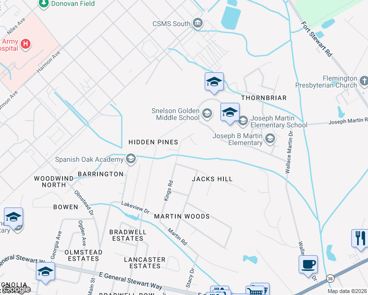 map of restaurants, bars, coffee shops, grocery stores, and more near 401 Flora Ellen Street in Hinesville