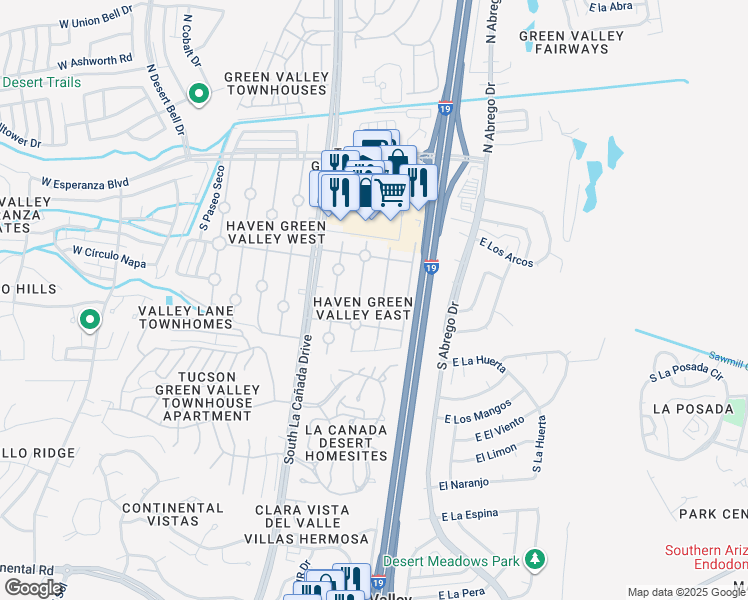 map of restaurants, bars, coffee shops, grocery stores, and more near 423 South Paseo Lobo in Green Valley