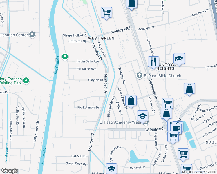 map of restaurants, bars, coffee shops, grocery stores, and more near 5800 Montoya Drive in El Paso