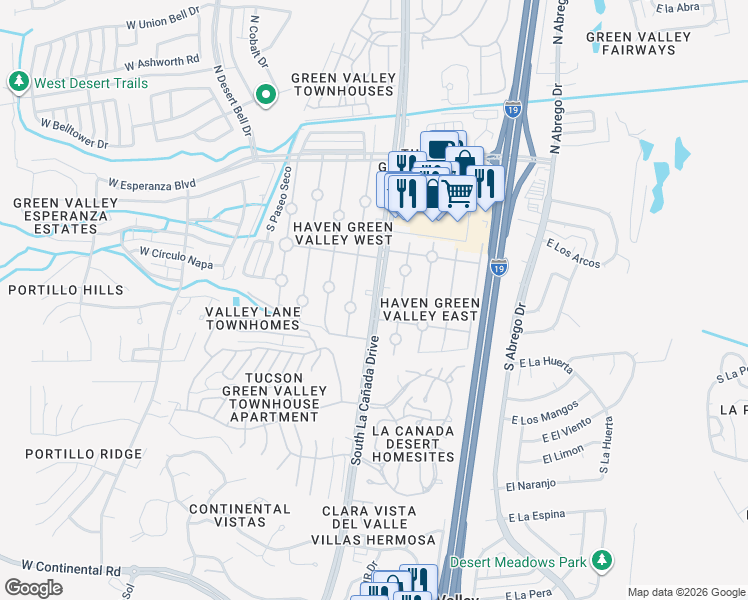 map of restaurants, bars, coffee shops, grocery stores, and more near 408 South La Canada Drive in Green Valley