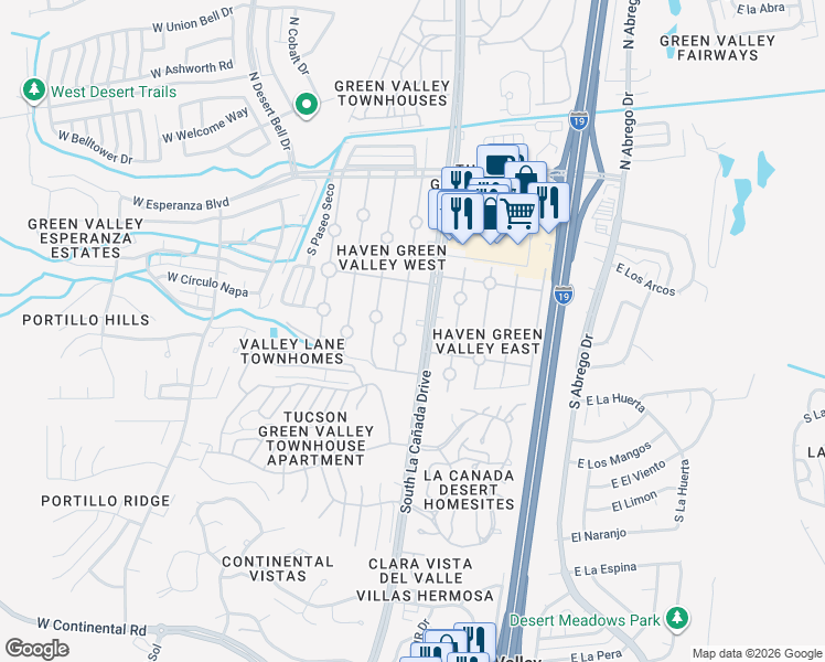 map of restaurants, bars, coffee shops, grocery stores, and more near 361 South Paseo Pena in Green Valley