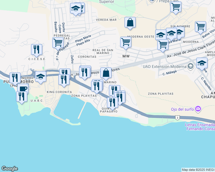 map of restaurants, bars, coffee shops, grocery stores, and more near 112 Barco in Ensenada