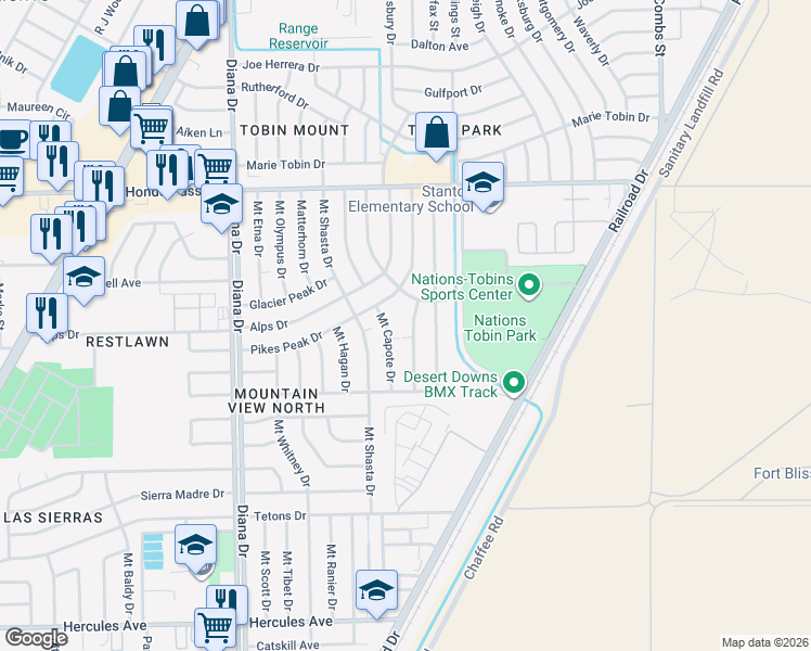 map of restaurants, bars, coffee shops, grocery stores, and more near 8835 Mount Elbert Drive in El Paso