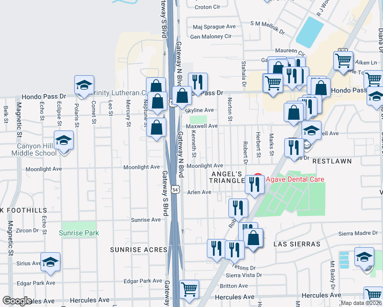 map of restaurants, bars, coffee shops, grocery stores, and more near 8937 Kenneth Street in El Paso