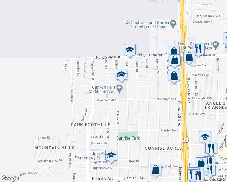 map of restaurants, bars, coffee shops, grocery stores, and more near 8933 Eclipse Street in El Paso