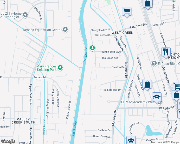 map of restaurants, bars, coffee shops, grocery stores, and more near 404 Rio Fango Court in El Paso
