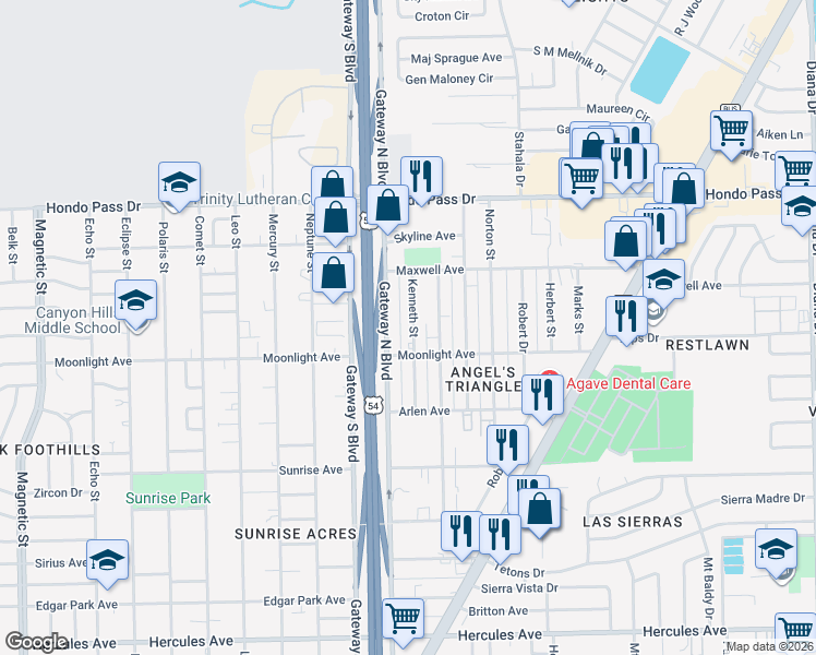 map of restaurants, bars, coffee shops, grocery stores, and more near 8937 Kenneth Street in El Paso