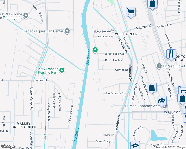 map of restaurants, bars, coffee shops, grocery stores, and more near 404 Rio Fango Court in El Paso