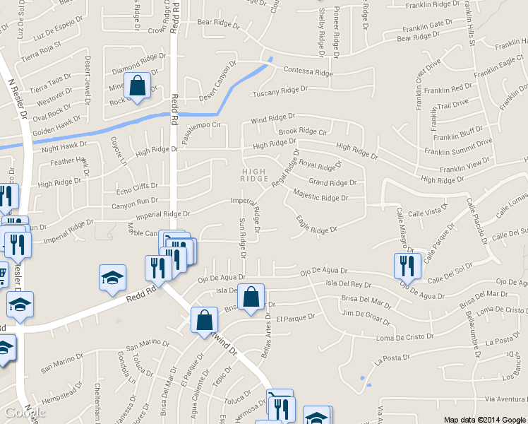 map of restaurants, bars, coffee shops, grocery stores, and more near 1100 Regal Ridge Drive in El Paso