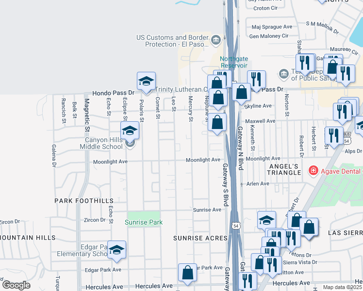 map of restaurants, bars, coffee shops, grocery stores, and more near 9005 Mercury Street in El Paso