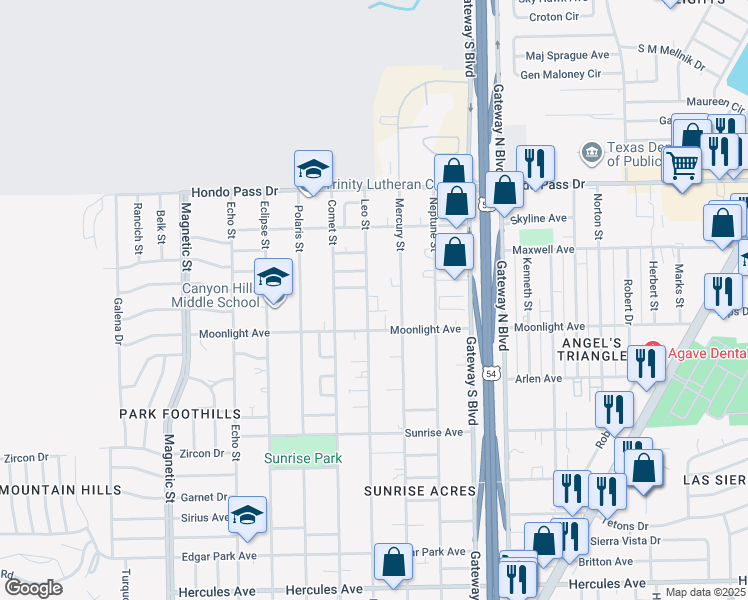 map of restaurants, bars, coffee shops, grocery stores, and more near 3921 Milky Way Court in El Paso
