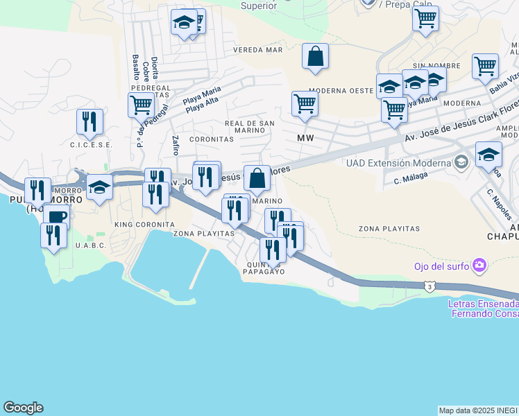 map of restaurants, bars, coffee shops, grocery stores, and more near 112 Barco in Ensenada