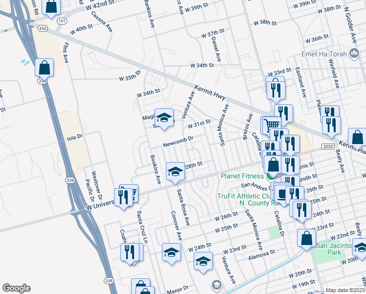 map of restaurants, bars, coffee shops, grocery stores, and more near 2916 San Fernando Drive in Odessa