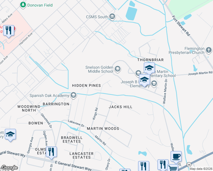 map of restaurants, bars, coffee shops, grocery stores, and more near 913 Kings Road in Hinesville