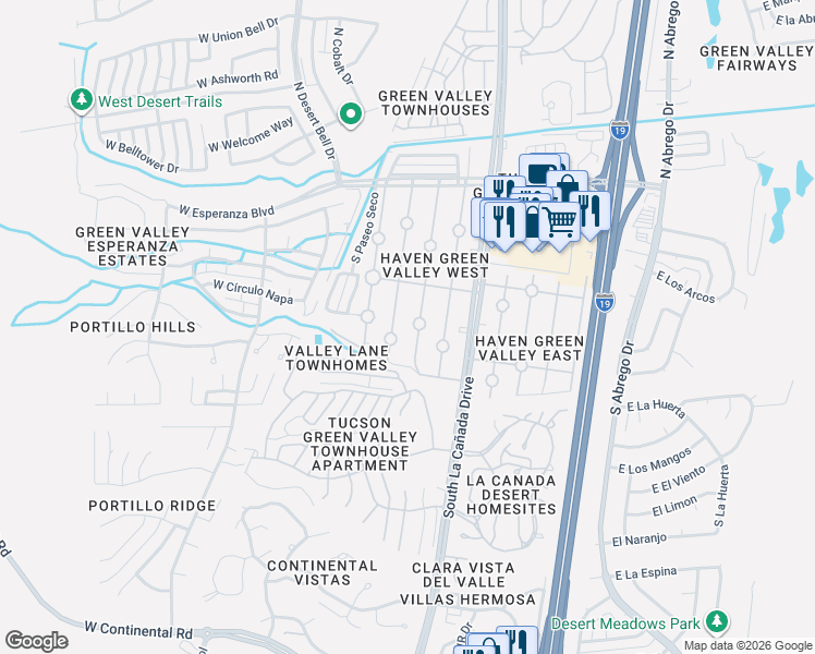map of restaurants, bars, coffee shops, grocery stores, and more near 368 South Paseo Quinta in Green Valley