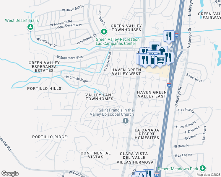 map of restaurants, bars, coffee shops, grocery stores, and more near 369 South Paseo Tierra in Green Valley