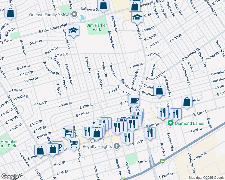 map of restaurants, bars, coffee shops, grocery stores, and more near 2301-2349 E 13th St in Odessa