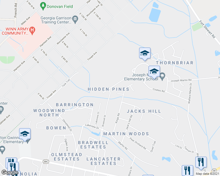 map of restaurants, bars, coffee shops, grocery stores, and more near 910 Bradwell Street in Hinesville