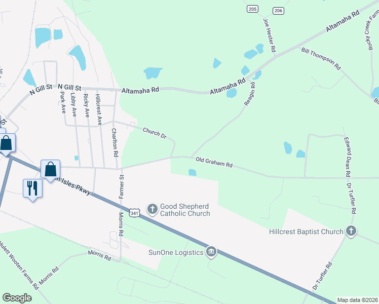 map of restaurants, bars, coffee shops, grocery stores, and more near 151 Old Graham Road in Hazlehurst