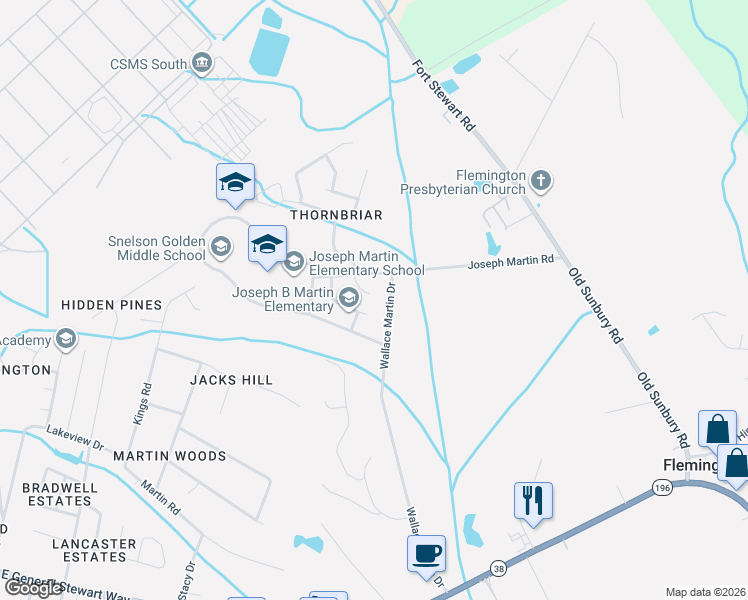map of restaurants, bars, coffee shops, grocery stores, and more near 782 Wallace Martin Drive in Hinesville