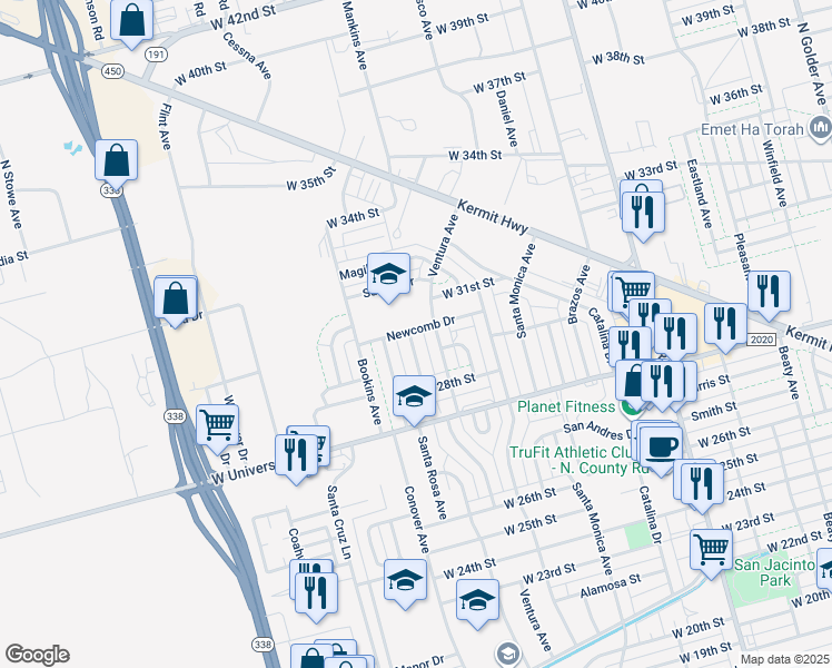 map of restaurants, bars, coffee shops, grocery stores, and more near 2916 San Fernando Drive in Odessa
