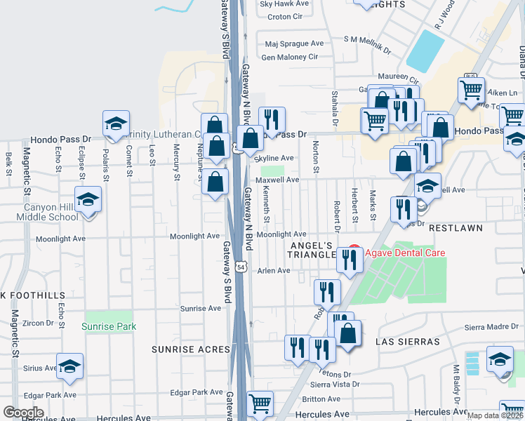 map of restaurants, bars, coffee shops, grocery stores, and more near 8937 Kenneth Street in El Paso
