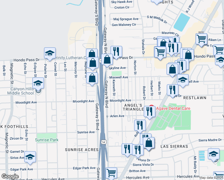 map of restaurants, bars, coffee shops, grocery stores, and more near 8933 Kenneth Street in El Paso