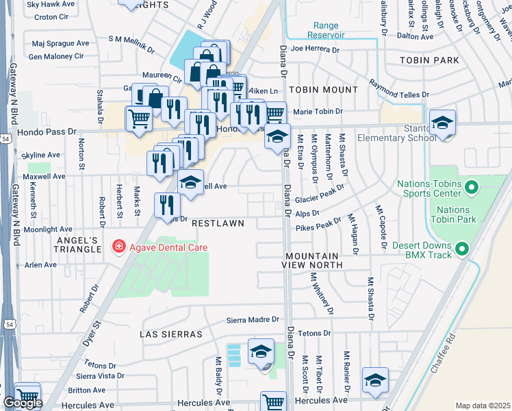map of restaurants, bars, coffee shops, grocery stores, and more near 4949 Alps Drive in El Paso
