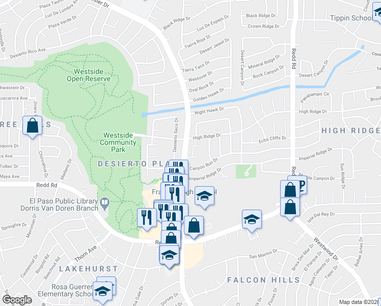 map of restaurants, bars, coffee shops, grocery stores, and more near 1105 West Bend Lane in El Paso