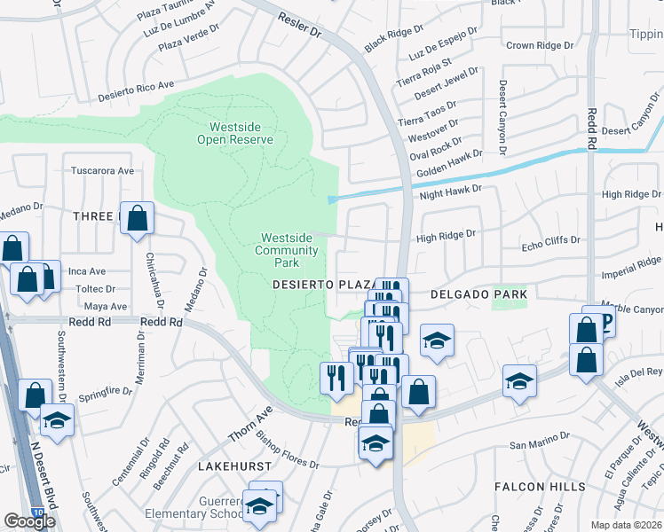 map of restaurants, bars, coffee shops, grocery stores, and more near 1053 Desierto Luna Street in El Paso