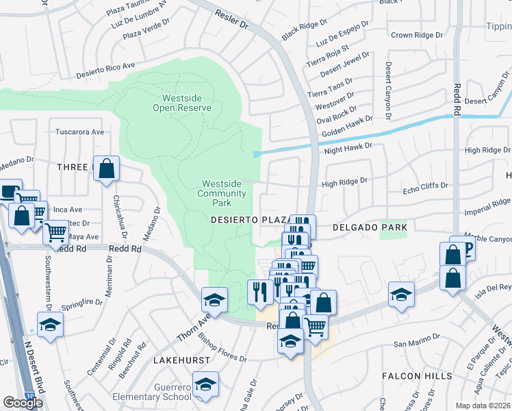 map of restaurants, bars, coffee shops, grocery stores, and more near 1053 Desierto Luna Street in El Paso