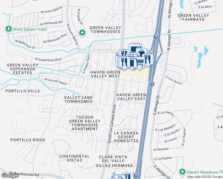 map of restaurants, bars, coffee shops, grocery stores, and more near 361 South Paseo Pena in Green Valley