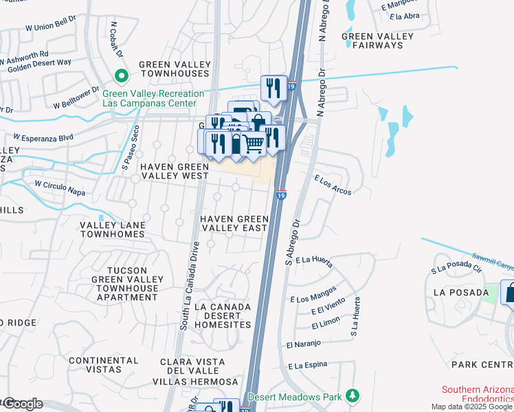 map of restaurants, bars, coffee shops, grocery stores, and more near 337 South Paseo Cerro in Green Valley