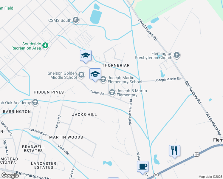 map of restaurants, bars, coffee shops, grocery stores, and more near 41 Thornbriar Drive in Hinesville